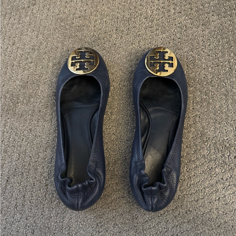 Tory Burch Dark Blue Flats with Gold Emblem